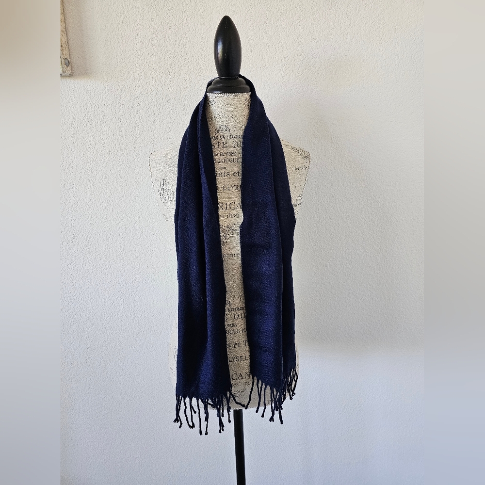 Vintage Aris Navy Blue Acrylic Fringed Scarf Stole Wrap